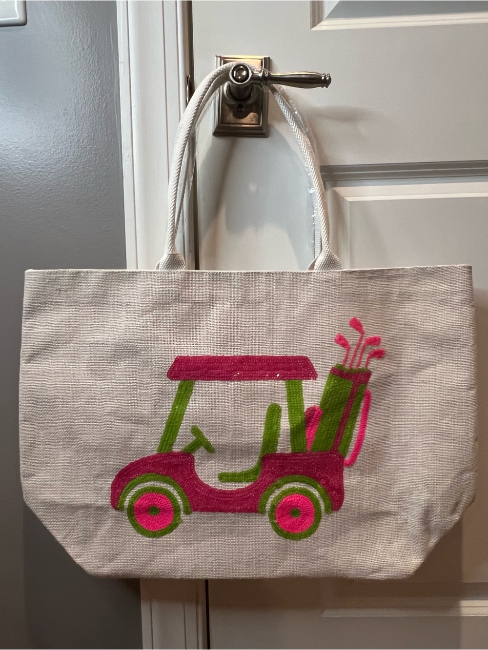 Mud Pie Cream Tote with Pink and Green Golf Cart Design